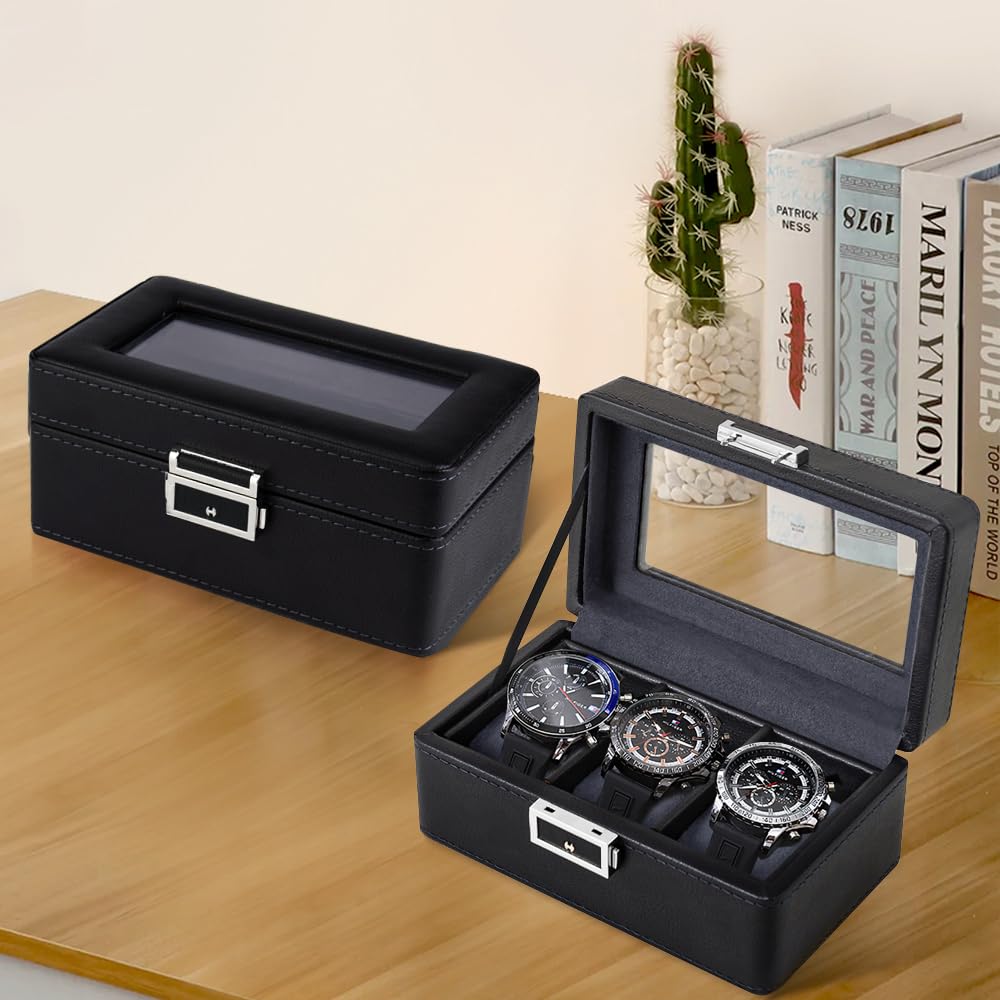 Anyasun Watch Box Organizer for Men,3 Slot Watch Display Case Valentines Gift PU Leather Watch Cases for Men Watch Storage,Watch