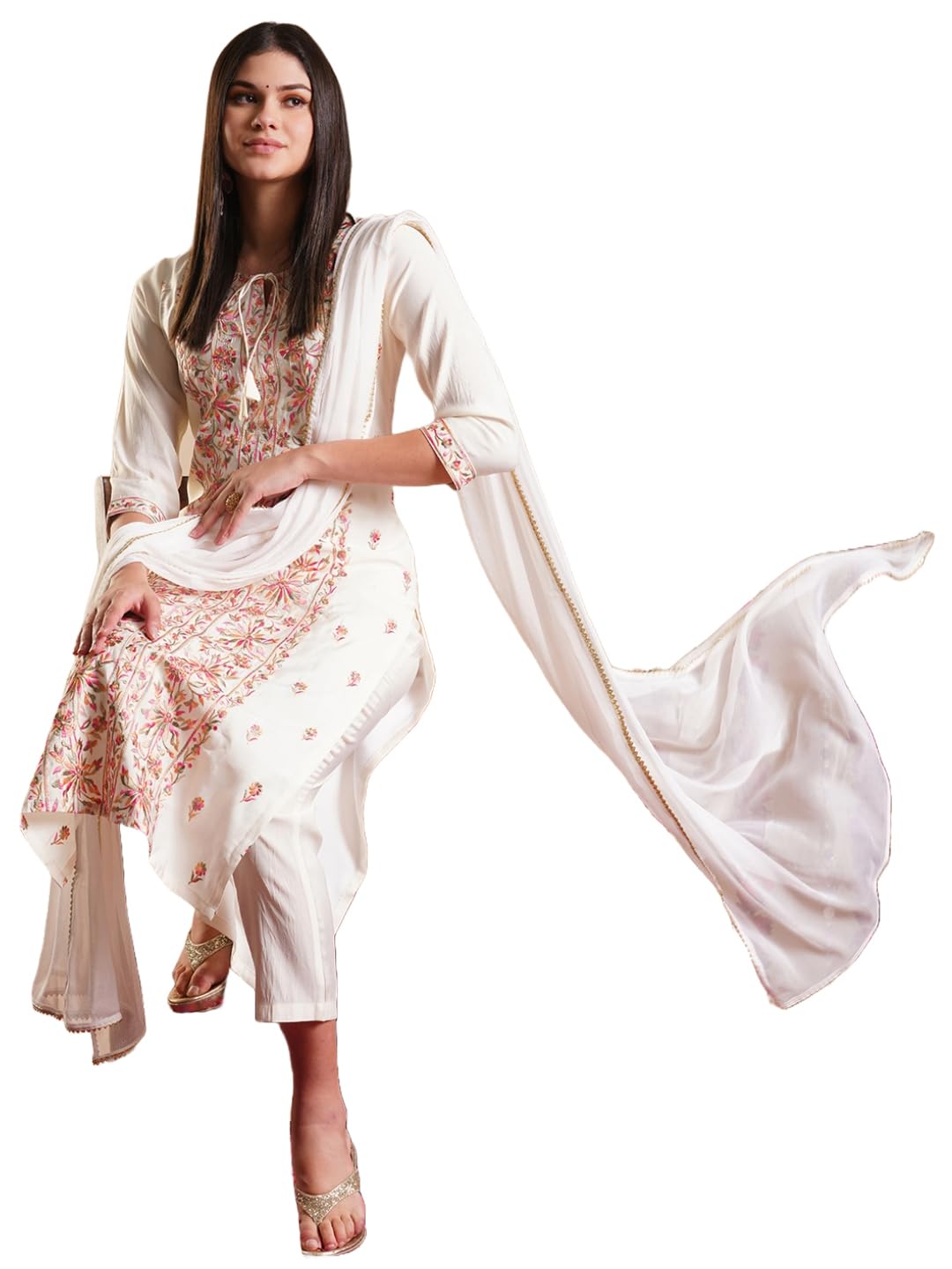 Anni Designer Women'S Rayon Blend Staright Embroidered Kurta With Pant & Dupatta (Kochi White-Vks01_M_White_Medium),White,M