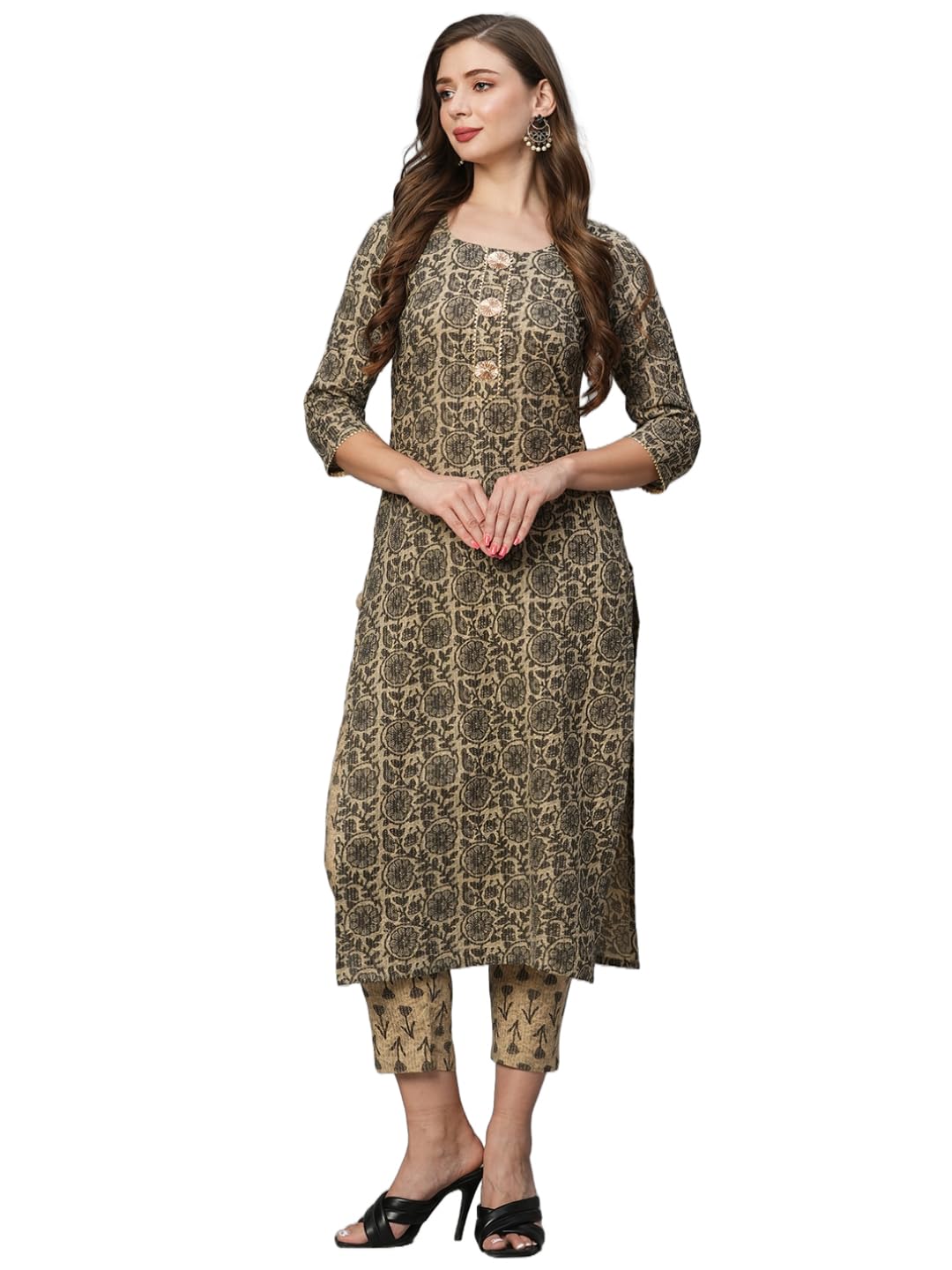 Anni Designer Women'S Cotton Blend Straight Printed Kurta With Pant Set (Bhati-Beige-Nw_Xl_Beige_X-Large),Beige,XL