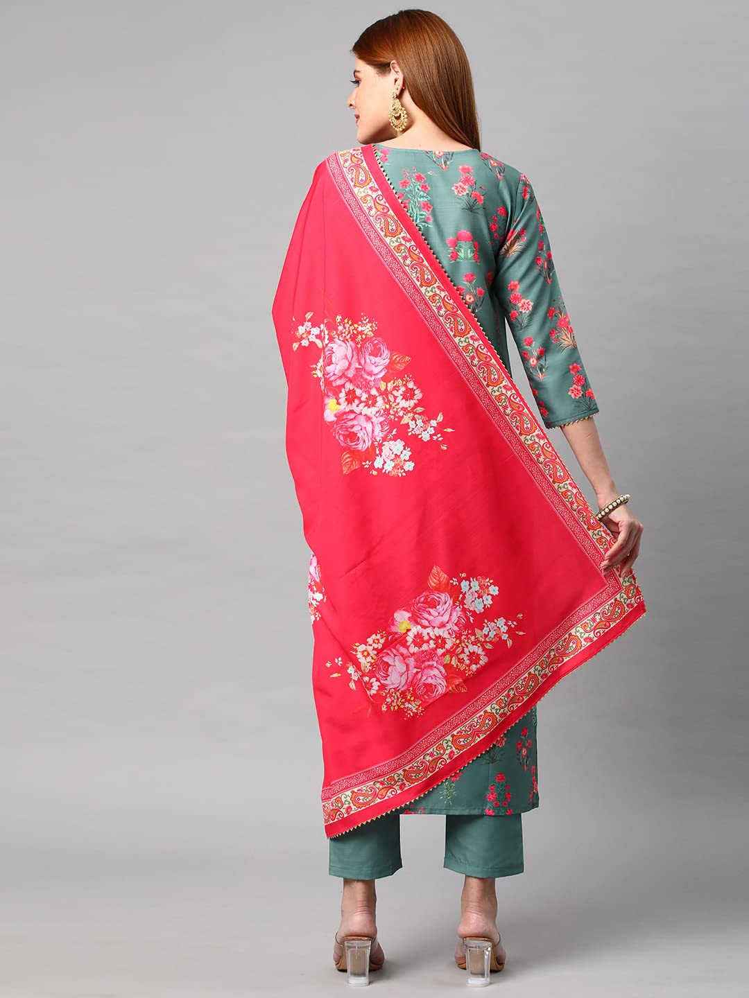 Anni Designer Women'S Cotton Blend Printed Straight Kurta With Pants & Dupatta (Kenal-Green_L_Green_Large),Green,L,Cotton Blend,Regular,Dupatta