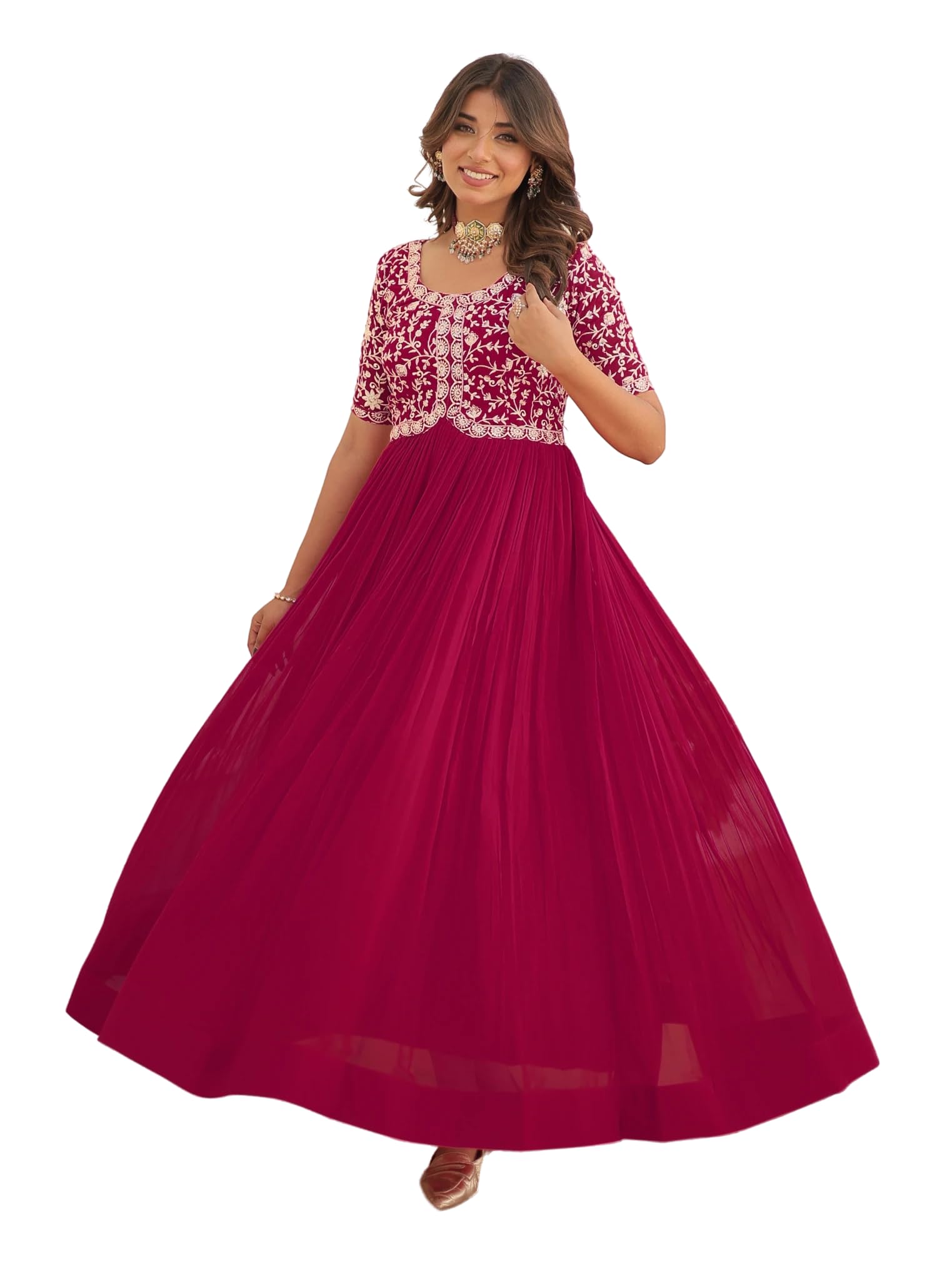 Fashion Basket Georgette Embroidered Anarkali Gown For Women Pink