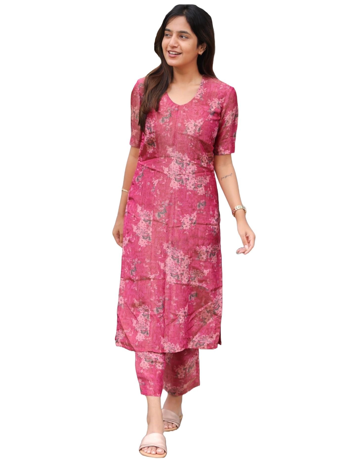 Anni Designer Women'S Rayon Viscose Straight Printed Kurta With Pant (Tisur Pink_M_Pink_Medium),Pink,M