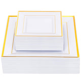 Liacere 100PCS White and Gold Square Plastic Plates-50PCS Heavy Duty 9.5inch White Dinner Plates and 50PCS 6inch White Dessert P