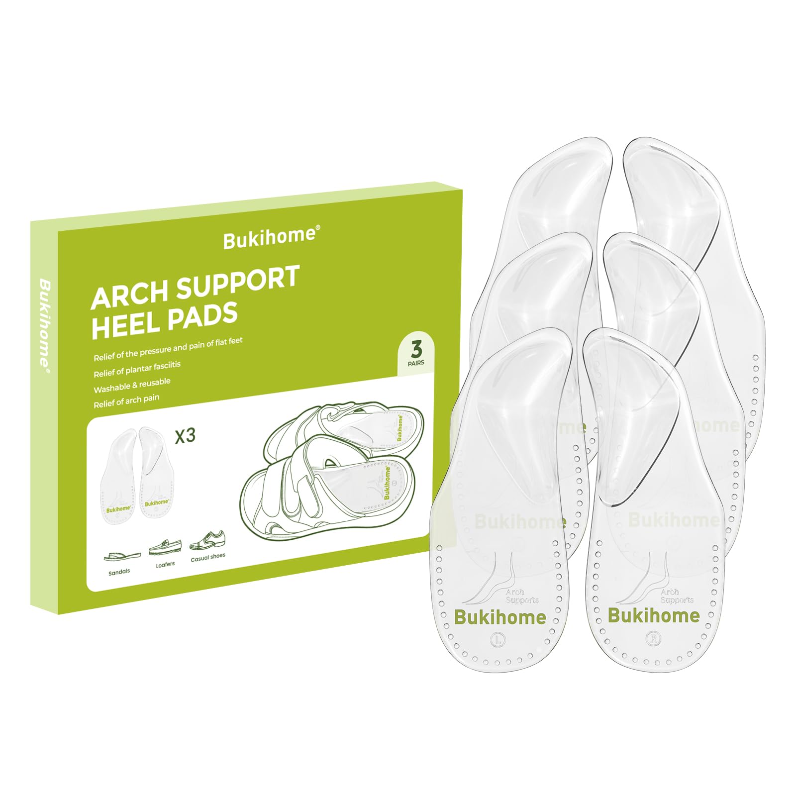 Bukihome Arch Support Shoe Insoles for Flat Feet,3 Pairs Gel Arch Inserts for Plantar Fasciitis, Adhesive Arch Pad for Relieve P