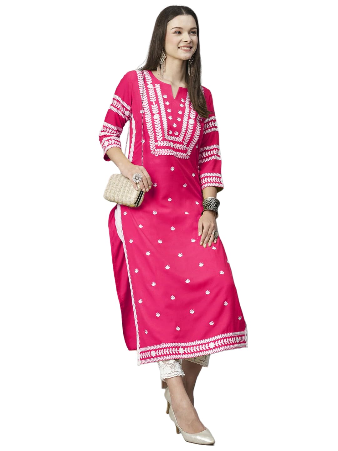 Anni Designer Women'S Cotton Blend Chikankari Embroidered Straight Kurta (Stho-Pink_Xl_Pink_X-Large),Pink,XL