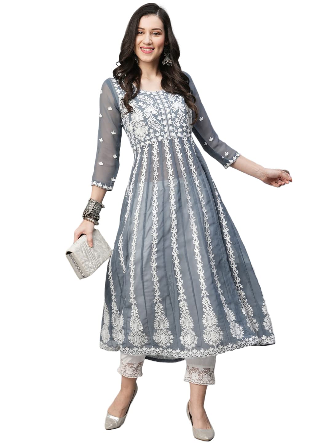 Anni Designer Women'S Georgette Chikankari Embroidered Anarkali Kurti (Kari Grey_Xxl_Dark Grey_Xx-Large),Grey,2XL