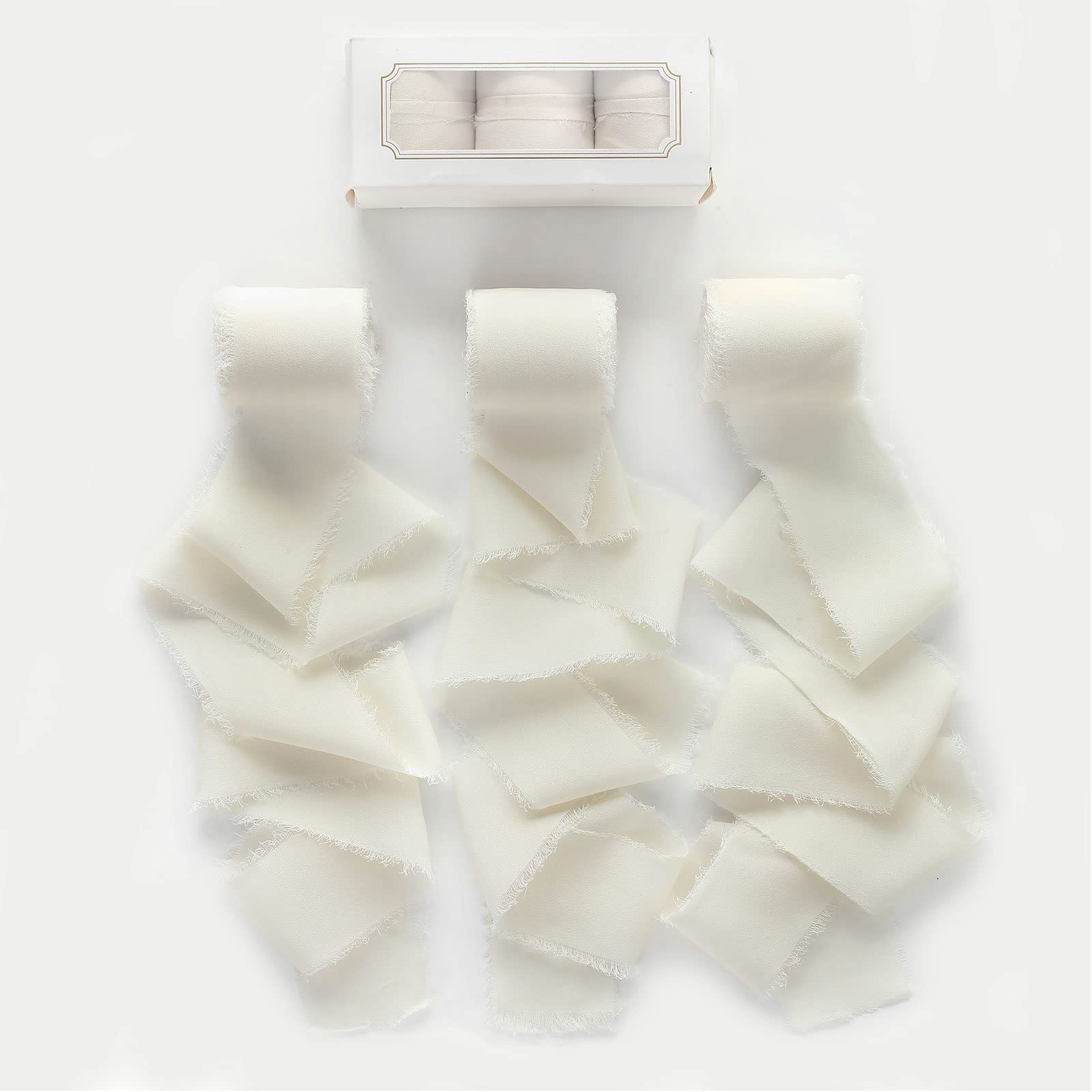 Pretty Jolly Cream Chiffon Ribbon for Gift Wrapping 3 Rolls 2 Inch x 7Yd Silk Ribbons Handmade Fringe Fabric Ribbon for Flower B