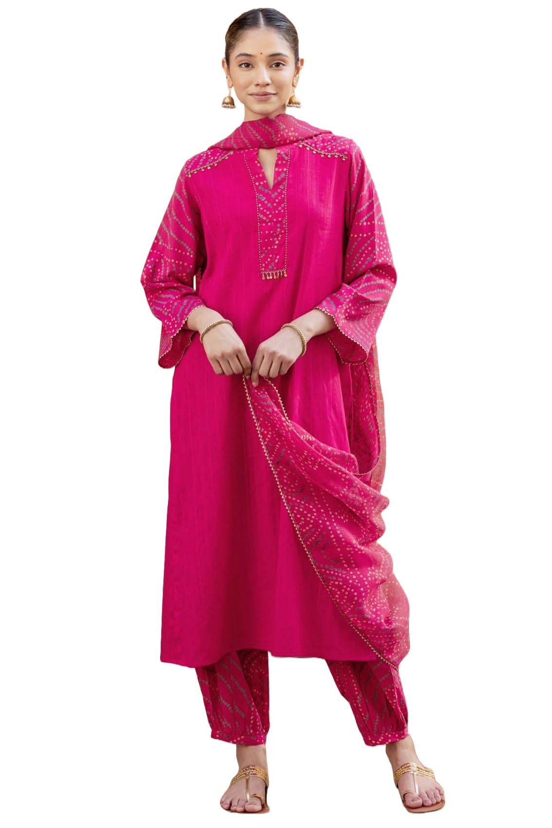 Anni Designer Women'S Rayon Viscose Straight Bandhej Printed Kurta With Pant & Dupatta (Kriva Pink_Xl_Pink_X-Large),Pink,XL