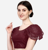 Pujia Mills Women'S Shipali Net Work Ruffle Sleeves Readymade Saree Blouse (Shipli Jhadu Maroon_Maroon_38 Size + Margin)