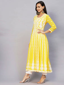 Gosriki Women'S Georgette Chikankari Embroidered Anarkali Kurti (Kari Yellow-Gs_M_Yellow_Medium),Yellow,,B0C5RWP2DC