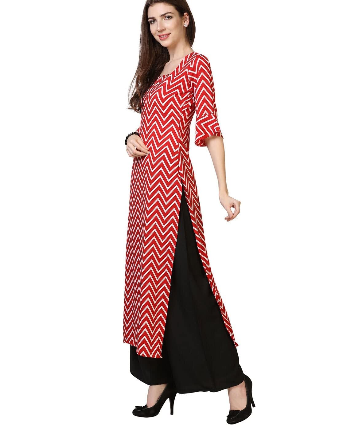 Gosriki Women'S Creap Straight Kurta(Zigzag Red_M-Go_Red_Medium),Red,,B09SW9P5N8