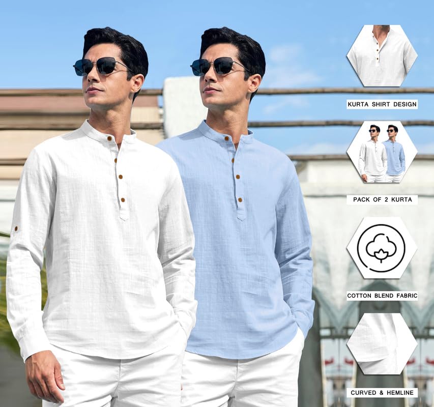 Royalscout Combo Of Men'S Solid Cotton Blend Full Sleeve Straight Kurta Shirt (Pack Of 2) White-Sky M