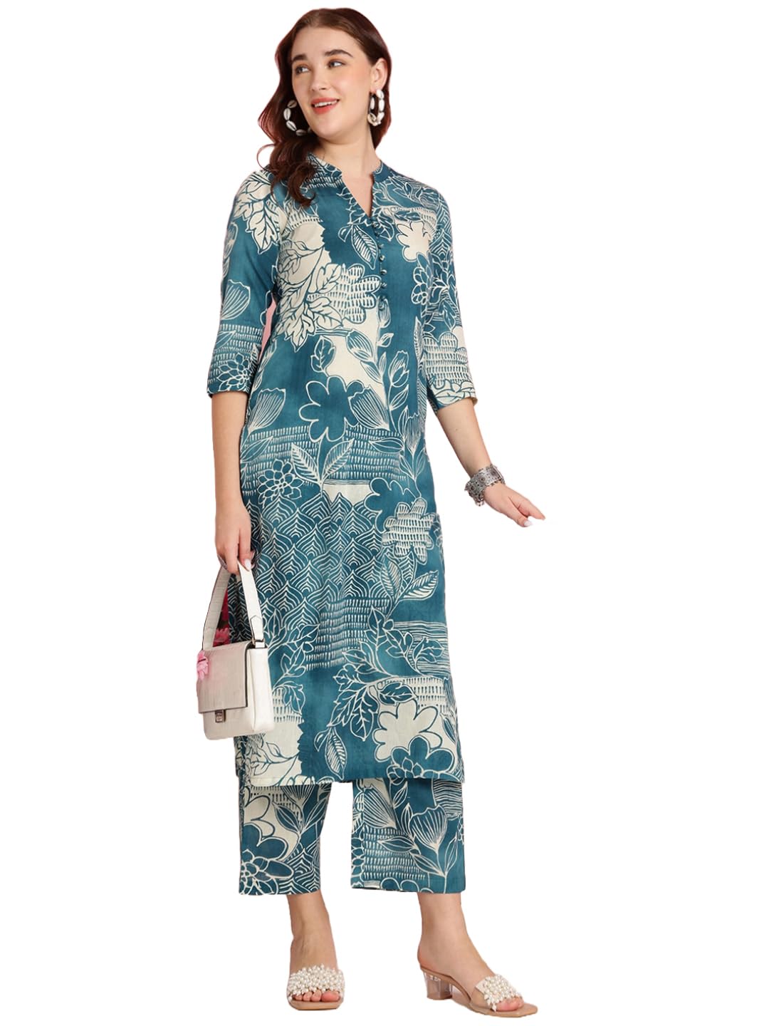 Anni Designer Women'S Rayon Blend Straight Printed Kurta With Pant (Tomsk Teal_M_Teal_Medium),Teal Blue,M