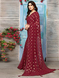 Satrani Womens Georgette Foil Printed & Lace Saree With Unstitched Blouse Piece (3184S2261Na_Maroon2)