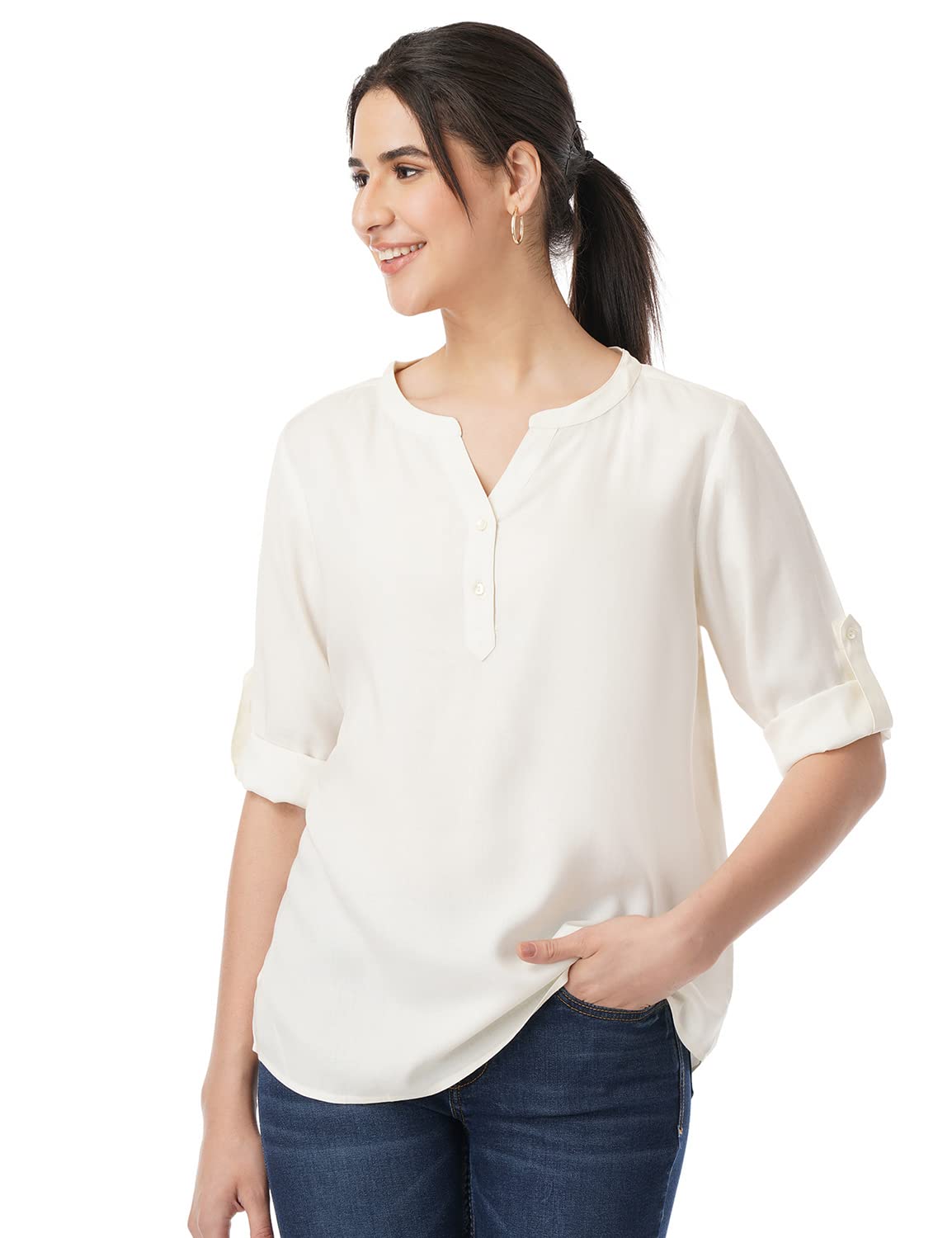 Fyltr Women'S Fashion V-Neck Top With Roll-Up Sleeves