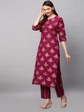 Anni Designer Women'S Cotton Blend Printed Straight Kurta With Pant (Garbha Wine_M_Wine_Medium),Wine,M,Cotton Blend,Regular,