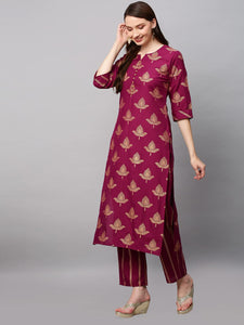 Gosriki Women'S Cotton Blend Printed Straight Kurta With Pant (Garbha Wine_L-Gs_Wine_Large),Wine,,B0BDMMRTYN