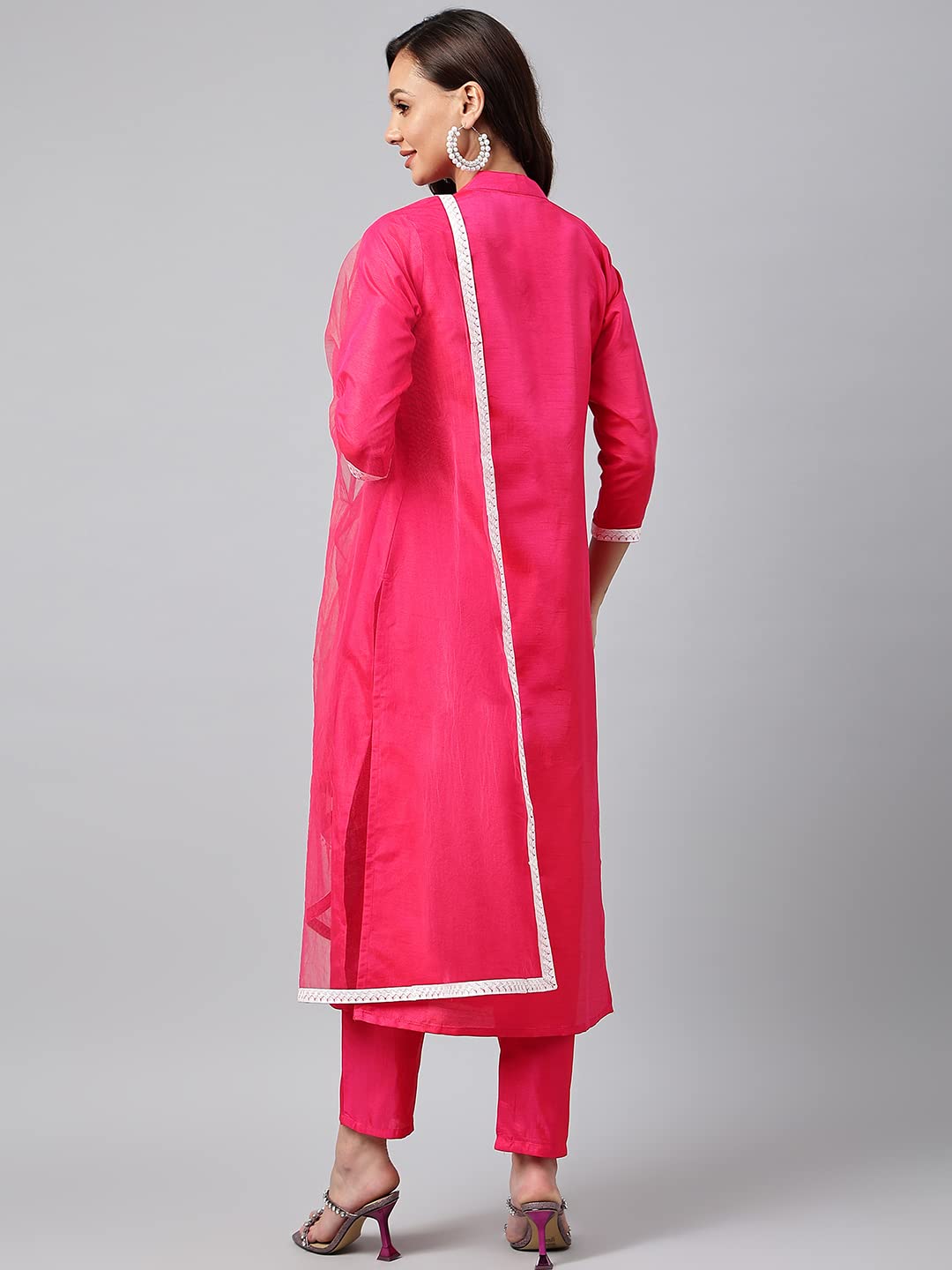 Anni Designer Women'S Cotton Blend Straight Embroidered Kurta With Pant & Dupatta (Jagtara Pink_Xl_Pink_X-Large),Pink,XL,Cotton Blend,Straight,Pants, Dupatta