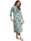 Anni Designer Women'S Cotton Blend Straight Printed Kurta With Pant (Saanvi Navy Blue-Nw_M_Navy Blue_Medium),Navy Blue,M