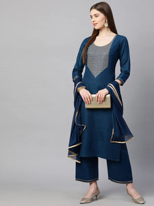 Gosriki Women'S Ruby Cotton Solid Straight Kurti With Palazzos & Dupatta Set (Label Cerosin_Xl-Go_Blue_X-Large),Blue,,B09Q129M9S