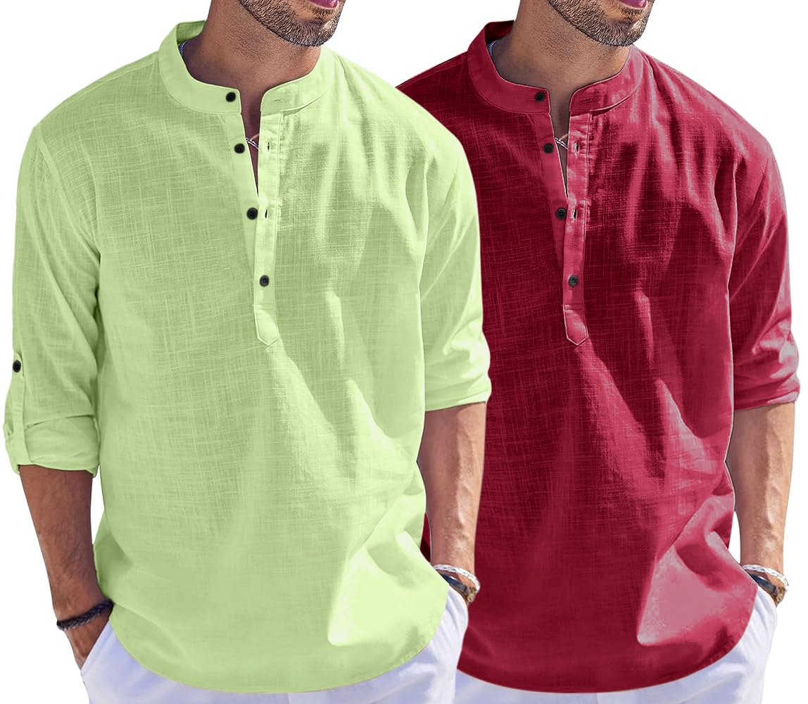 Bellstone Men'S Cotton Blend Solid Regular Dress Shirt (Kurta1500_Combo_L Green & Burgundy_Xl_Light