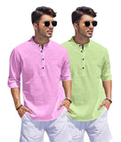 Bellstone Men'S Cotton Blend Solid Regular Dress Shirt (Kurta1500_Combo_L Pink & L Green_S Light
