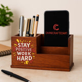 DivineCraftedArt Wooden Pen Stand with Mobile Holder (6.75 x 3.75 x 2.5 Inch) | Handcrafted MDF Desk Organizer with Stay Positiv