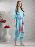 Anni Designer Women'S Rayon Blend Straight Printed Kurta With Pant (Susan Sky-Vks02_L_Sky Blue_Large),Sky Blue,L,,,