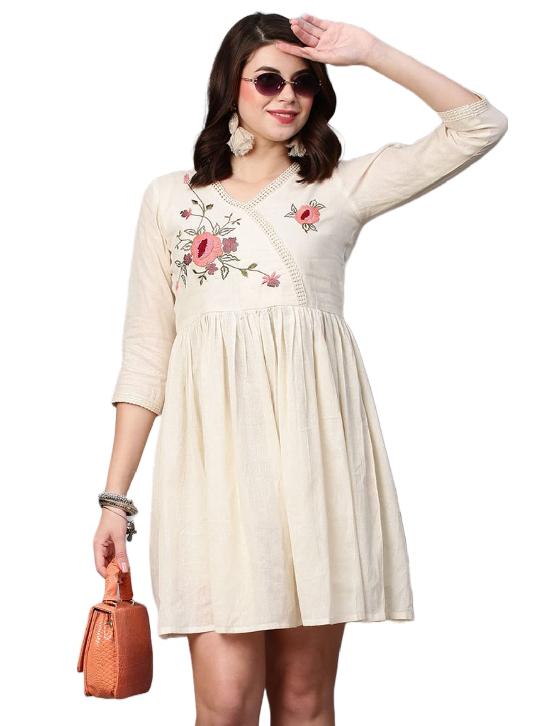 Gosriki Women'S Pure Cotton Flounce Sleeve Embroidery Ruffle Smock Dress (Uljhan-Dress-Cream_M-Gs_Cream_Medium),Cream,,B0BSH7X8PC
