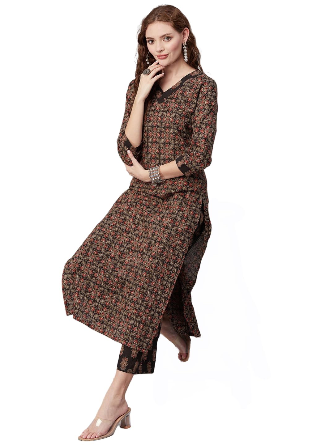 Anni Designer Women'S Cotton Blend Printed Straight Kurta With Pant (Pini Black-Nw_S_Black_Small),Black,S