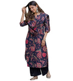 Anni Designer Women'S Cotton Blend Floral Printed Straight Kurta With Palazzos & Dupatta (Japa-Blue_S_Blue_Small),Blue,S
