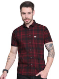 Majestic Man Men Comfort Slim Fit Checked Pure Cotton Half Sleeve Casual Shirt, Bright Maroon, XL