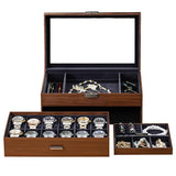 Sannidhi Jewelry Box With PullOut Watch Drawer, Wooden Double Layer Organizer With Clear Glass Window, Ring Holder, Earring & N