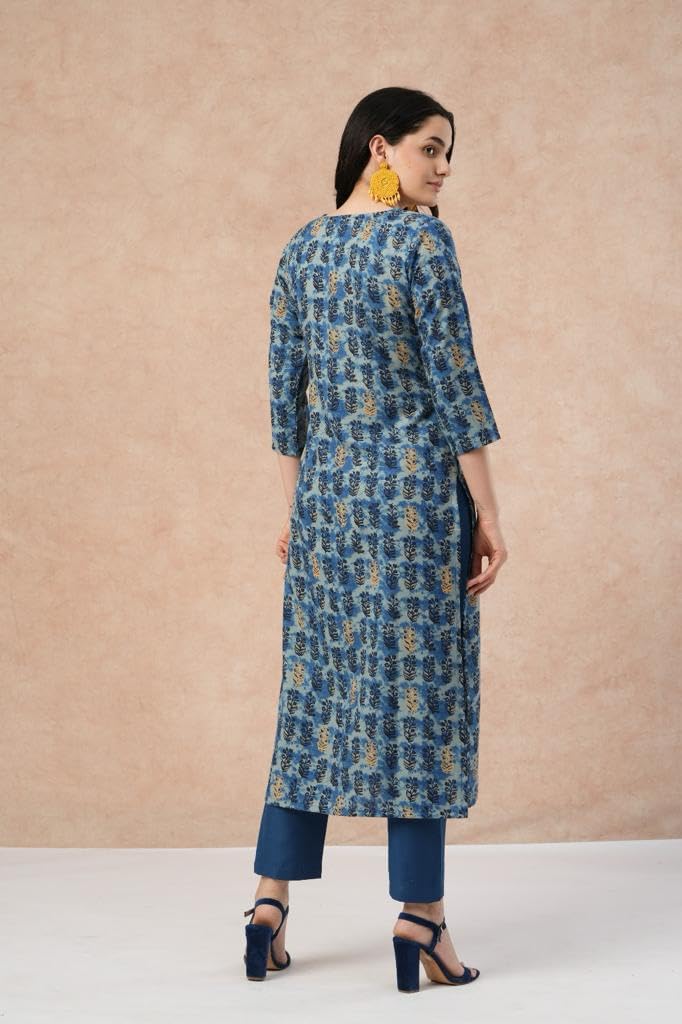Gosriki Women'S Cotton Blend Straight Printed Kurta With Pant (Mamaji Blue-Fka-Gs_S_Blue_Small),Blue,,B0CTXGV6Z2