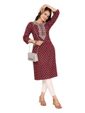 rangita Maroon Cotton Calf Length Embroidered Straight Kurti for Women | Kurta for Women_M