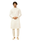 Manyavar Mens Warm White Blended Cotton Self Design Kurta Pyjama Set