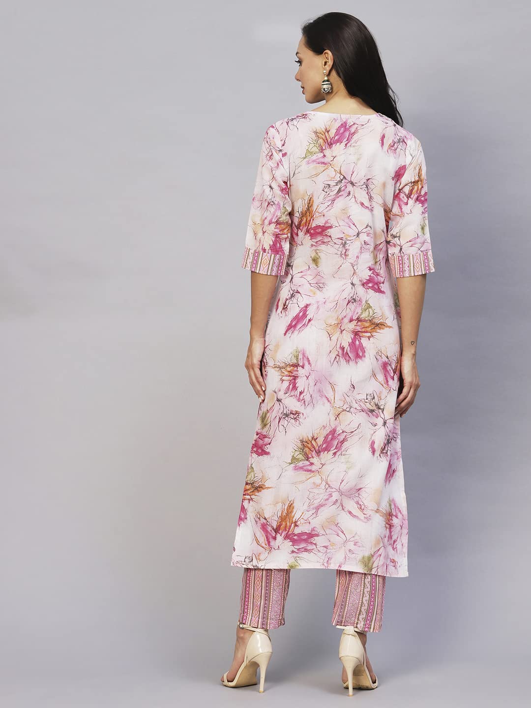 Anni Designer Women'S Cotton Blend Printed Straight Kurta With Pant (Ps-Pink_L_Pink_Large),Pink,L,Cotton Blend,Regular,kurta