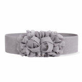 Syga WomenS Double Flower Waist Band Elastic Pu Leather Fashionable Wide Waist Belt With Chiffon Rose(Grey)
