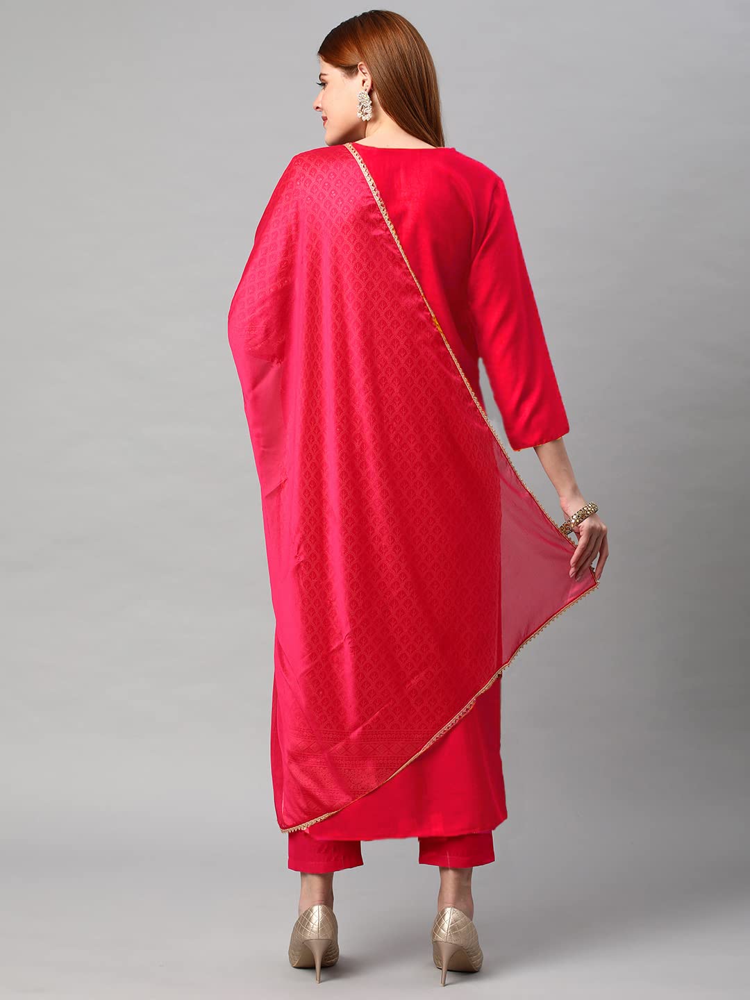 Anni Designer Women'S Cotton Blend Floral Printed Straight Kurta With Pants & Dupatta (Dumas-Pink-Nw_L_Pink_Large),Pink,L,Cotton Blend,Regular,Dupatta