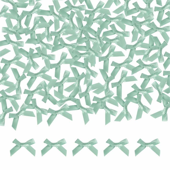 Meseey 100 Pcs Mini Sage Green Satin Ribbon Bows with Tape 1.5 Inch Self Adhesive Craft Bows Flowers Appliques DIY Craft for Sew