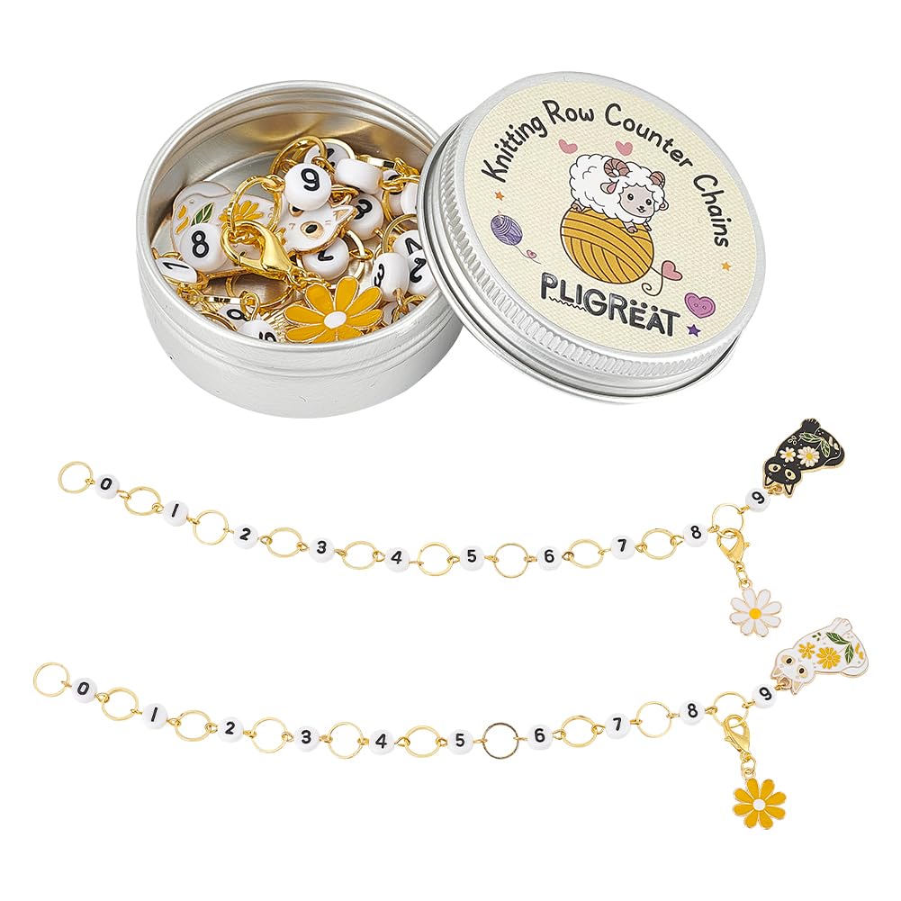 PLIGREAT 2 Sets Black Flowered Cat Knitting Row Counter Cute Locking Stitch Markers Chain for Easy Count Grandma Mom Gifts Quilt