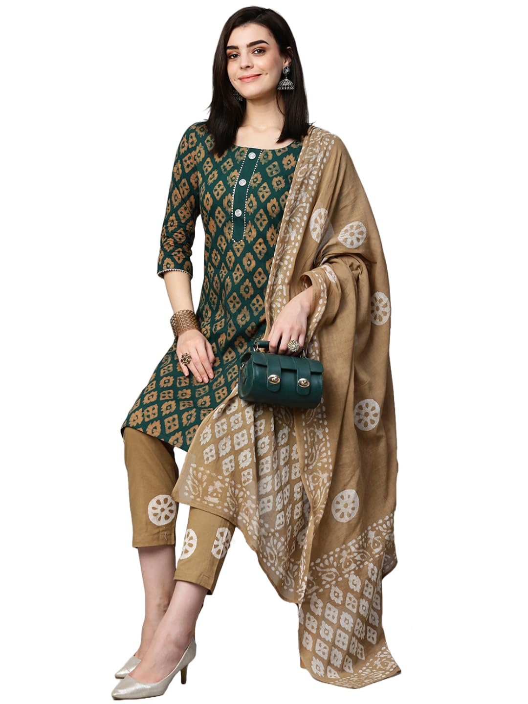 Anni Designer Women'S Cotton Blend Printed Straight Kurta With Pant & Dupatta (Sayara-Green_M_Green_Medium),Green,M,,,