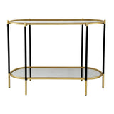 Benjara 30 Inch Console Sideboard Table, Oblong, Mirrored Top, Black, Gold