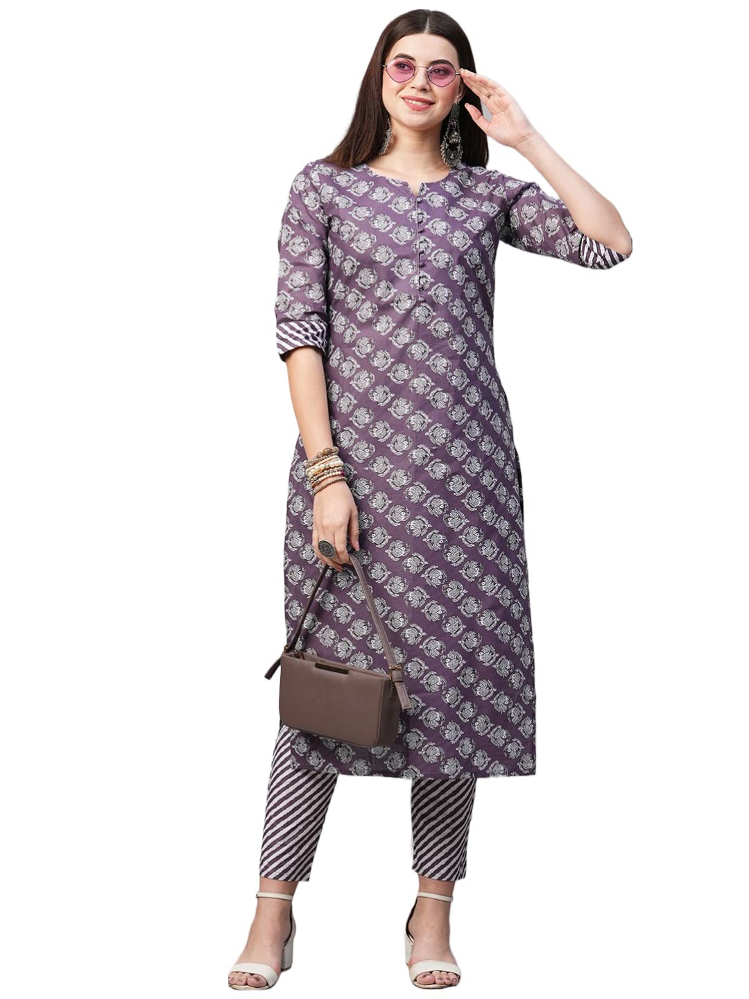Gosriki Women'S Cotton Blend Printed Straight Kurta With Pant (Funnu Purple-Nwfb08-Gs_M_Purple_Medium),Purple,,B0BTJ4W59D