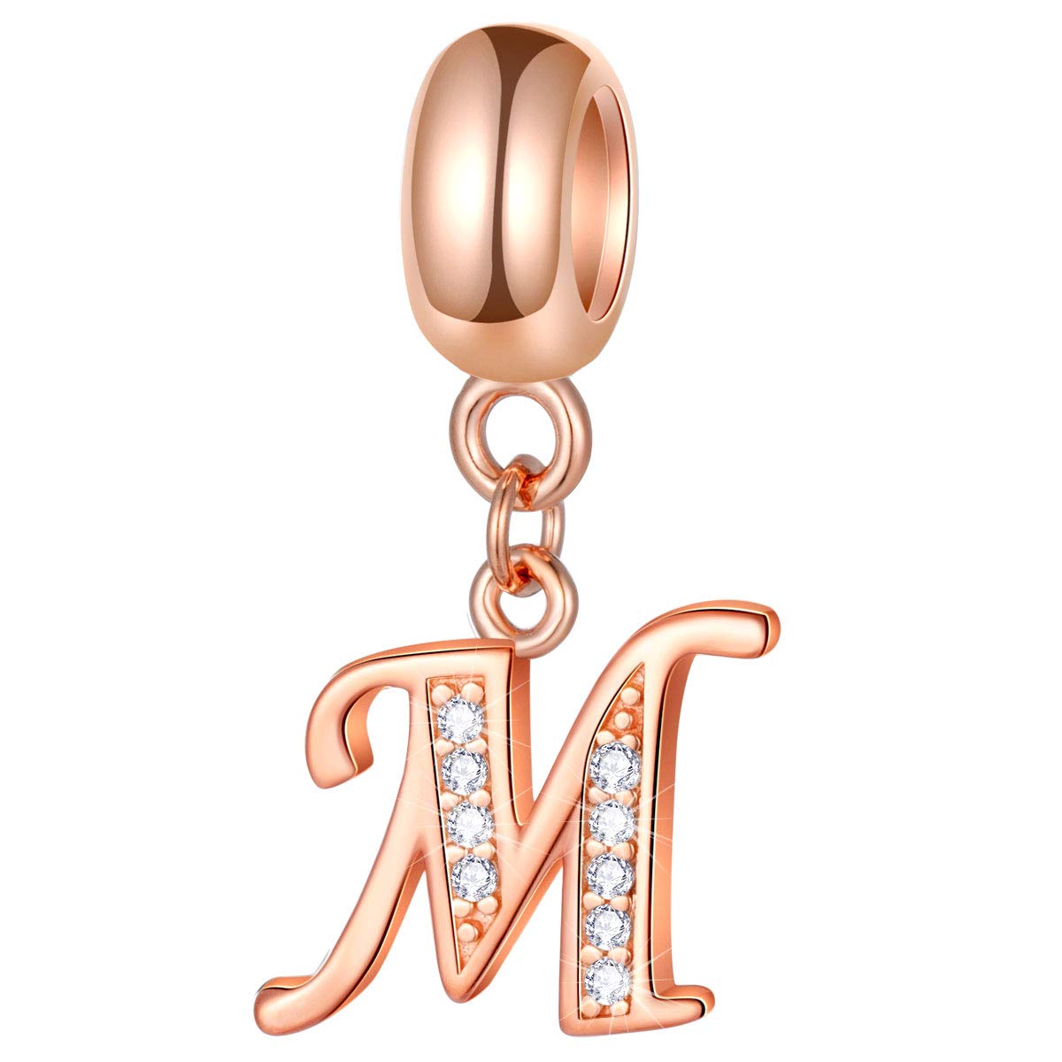 Letter M Rose Gold Charms fits Pandora Bracelet, Initial A-Z Alphabet Beads, 925 Sterling Silver Letra Dangle CZ Necklace Pendan