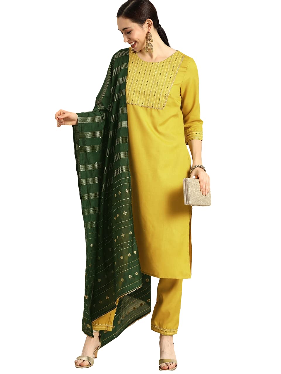 Anni Designer Women'S Ruby Cotton Straight Solid Kurta With Palazzo & Dupatta (Surat Mehandi_M-Yellow_X-Large),Yellow,XL