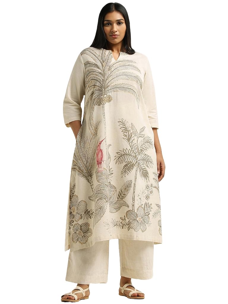 Gosriki Women'S Cotton Blend Straight Printed Kurta With Pant (Nenisha Cream-Gs_4Xl_Cream_Xxxx-Large),Cream,4,B0D5VHBBZ5