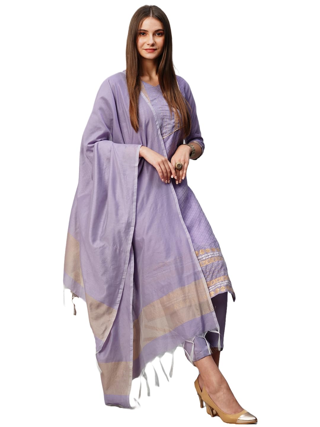 Anni Designer Women'S Cotton Blend Printed Straight Kurta With Pant & Dupatta (Date-Purple_L_Purple_Large),Purple,L