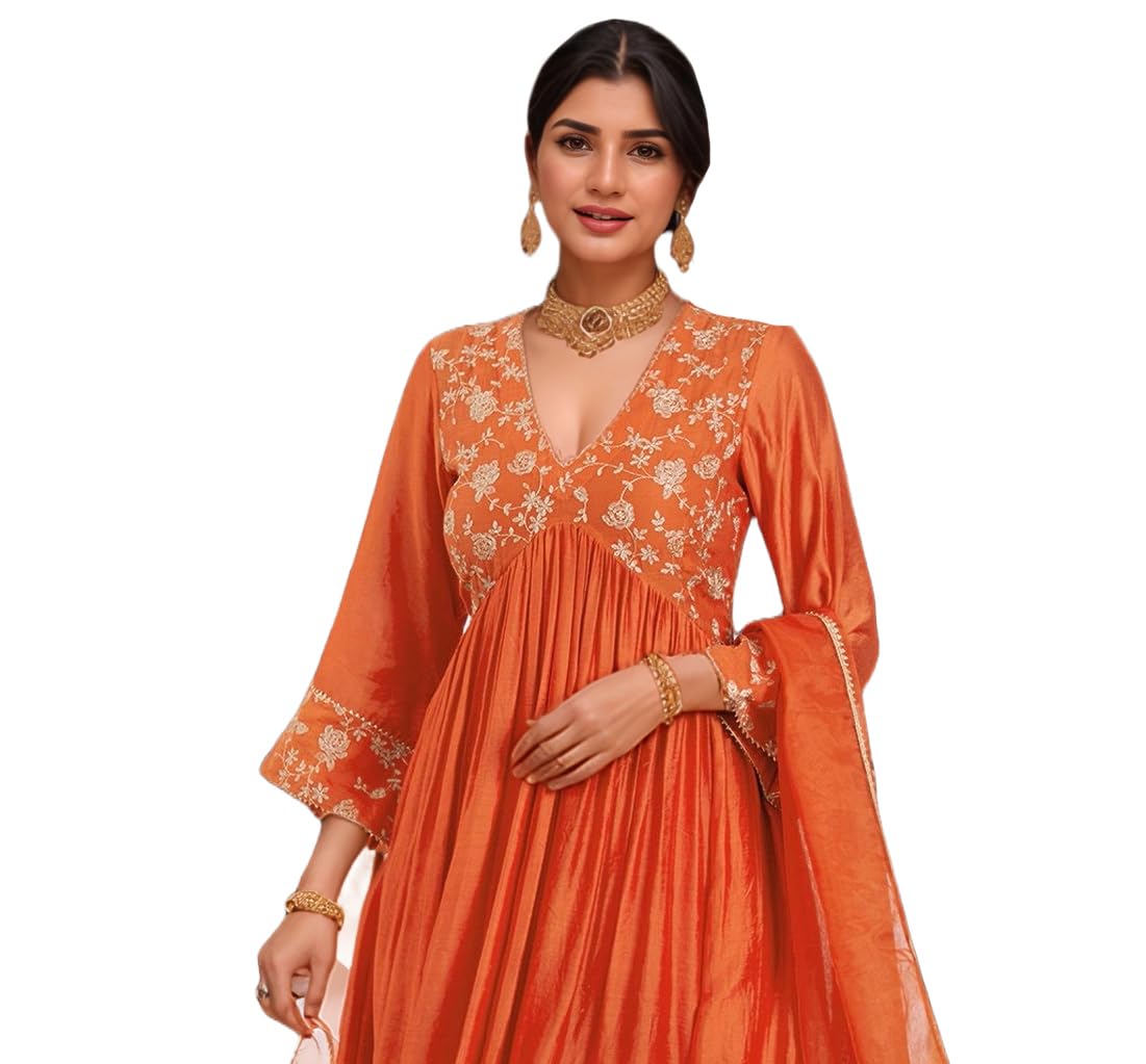 Anni Designer Women'S Rayon Viscose Anarkali Embroidered Kurta With Pant & Dupatta (Kanakam Orange-Vks02_M_Orange_Medium),Orange,M