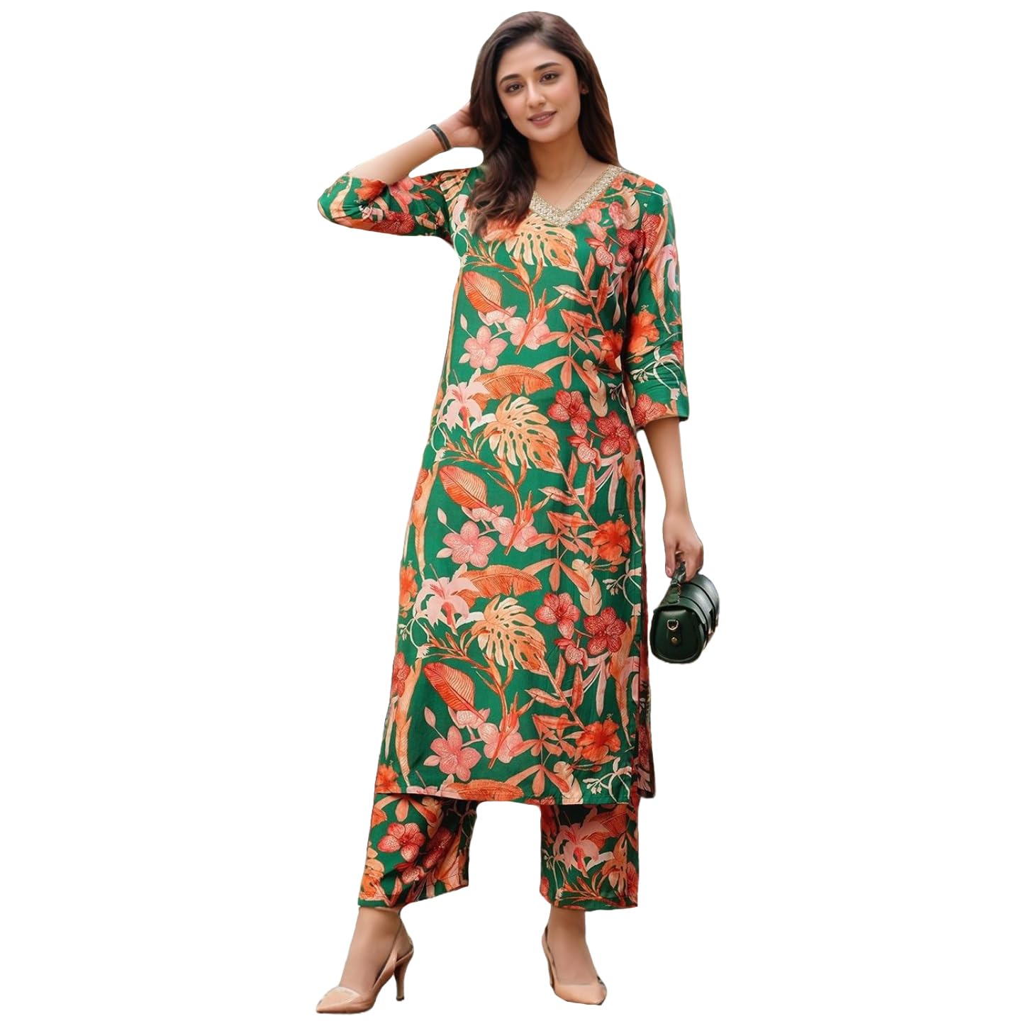Anni Designer Women'S Rayon Viscose Straight Printed Kurta With Palazzo (Chinki Green-Vks02_S_Green_Small),Green,S,,,